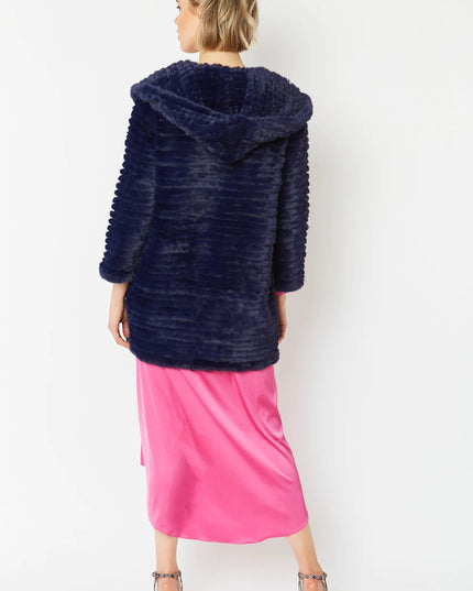 Blue Faux Mink Fur Hooded Coat Luxury Finish Acrylic Fabric