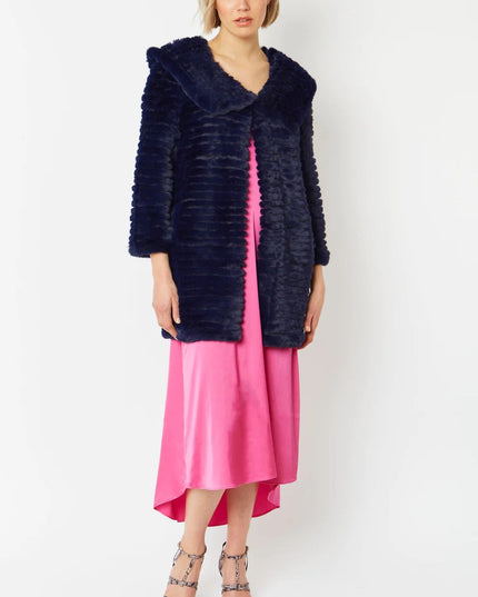 Blue Faux Mink Fur Hooded Coat Luxury Finish Acrylic Fabric