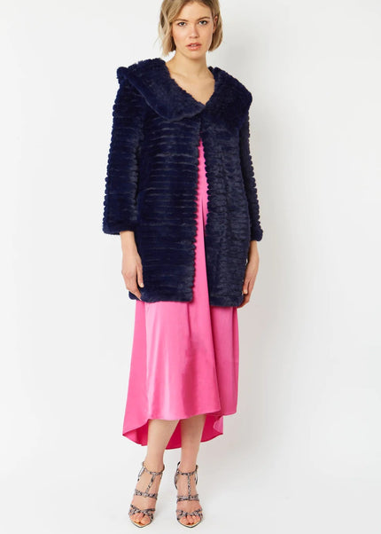 Blue Faux Mink Fur Hooded Coat Luxury Finish Acrylic Fabric