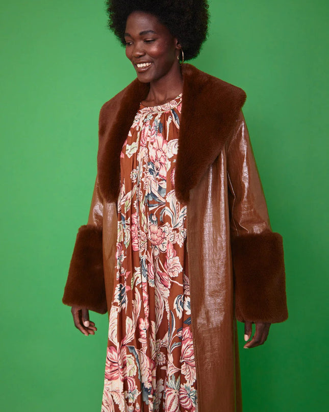 Chocolate Faux Leather Jacket with Detachable Faux Fur Cuffs and Collar