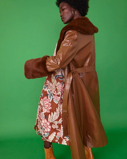 Chocolate Faux Leather Jacket with Detachable Faux Fur Cuffs and Collar