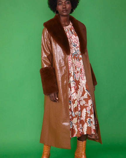 Chocolate Faux Leather Jacket with Detachable Faux Fur Cuffs and Collar