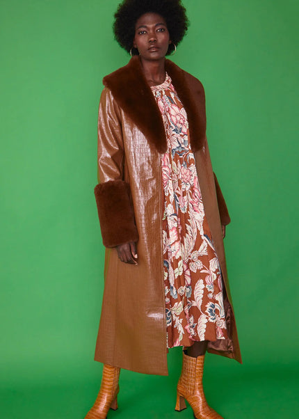 Chocolate Faux Leather Jacket with Detachable Faux Fur Cuffs and Collar