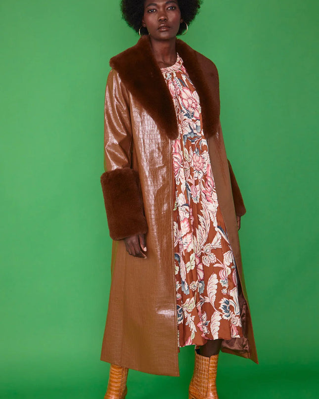 Chocolate Faux Leather Jacket with Detachable Faux Fur Cuffs and Collar