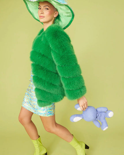 Luxurious Gaga Green Faux Fur Striped Coat UK12-16