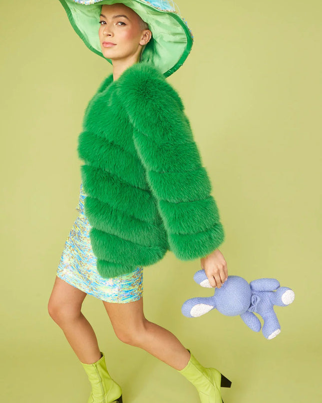 Luxurious Gaga Green Faux Fur Striped Coat UK12-16
