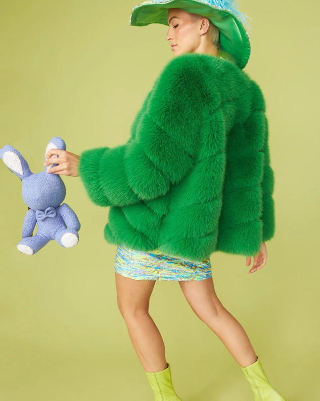 Luxurious Gaga Green Faux Fur Striped Coat UK12-16