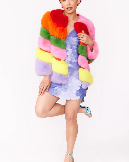 Gaga Faux Fur Striped Rainbow Coat