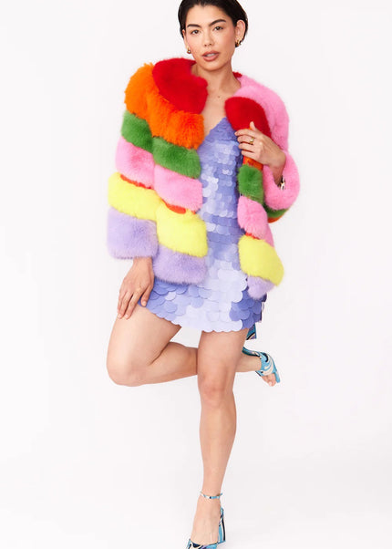 Gaga Faux Fur Striped Rainbow Coat
