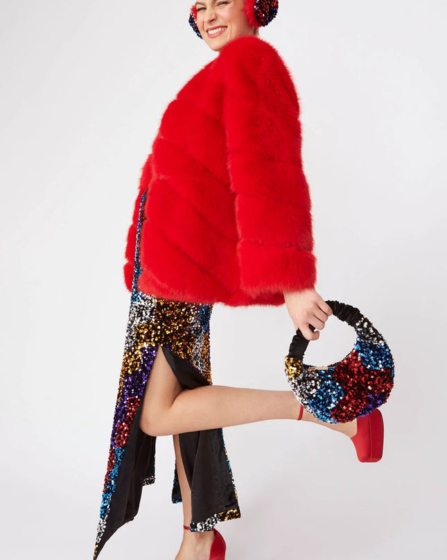 Gaga Faux Fur Striped Red Coat Women's Fashion Statement Winter Coat