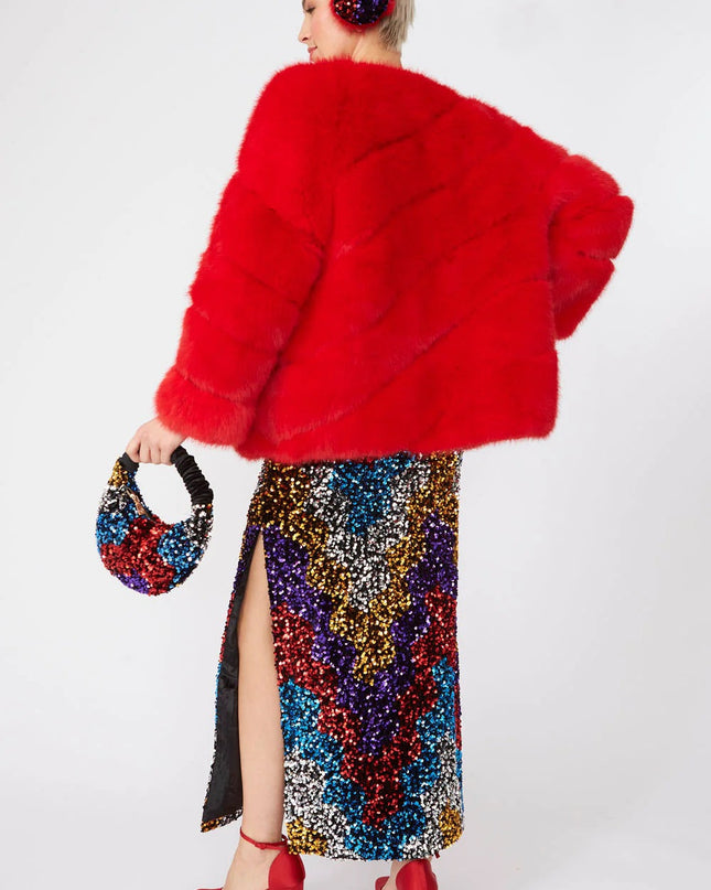 Gaga Faux Fur Striped Red Coat Women's Fashion Statement Winter Coat