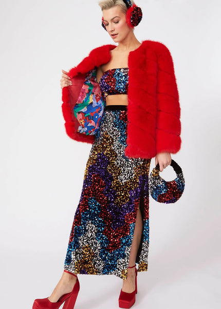 Gaga Faux Fur Striped Red Coat Women's Fashion Statement Winter Coat