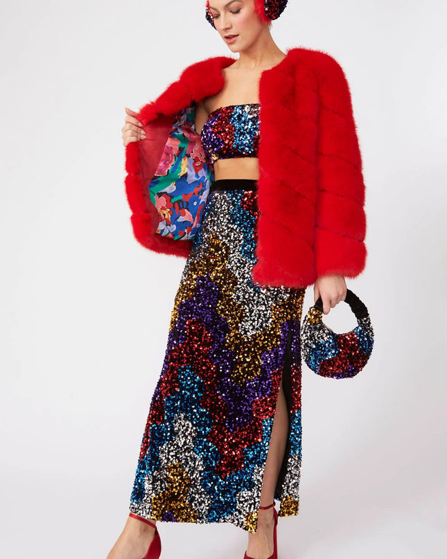 Gaga Faux Fur Striped Red Coat Women's Fashion Statement Winter Coat