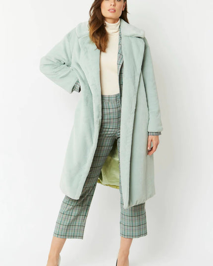 Light Green Faux Fur Midi Shaved Shearling Coat
