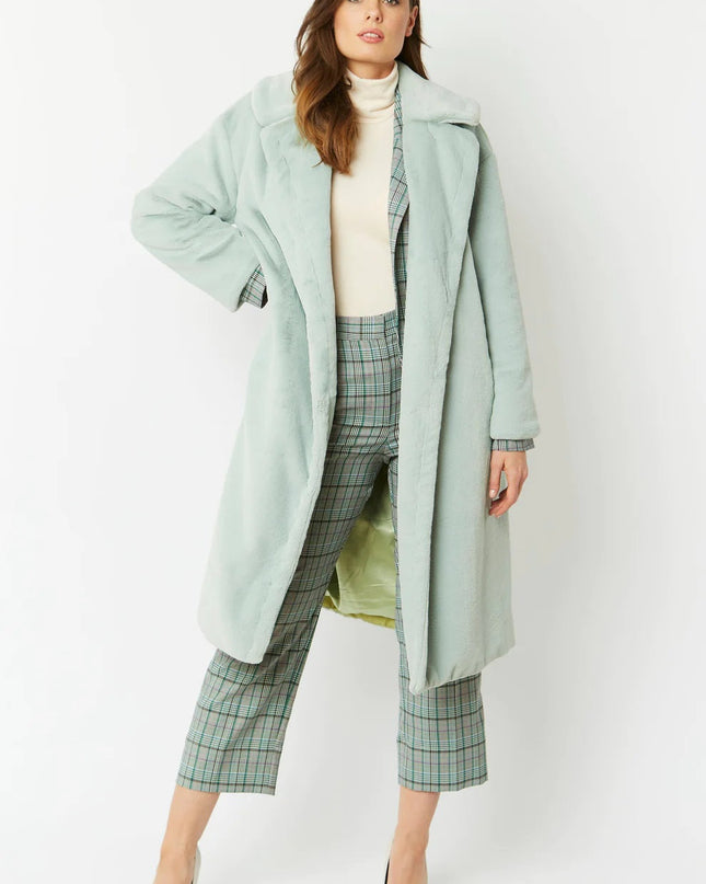 Light Green Faux Fur Midi Shaved Shearling Coat