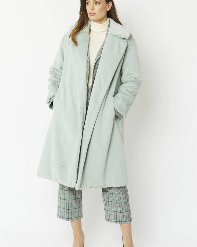 Light Green Faux Fur Midi Shaved Shearling Coat