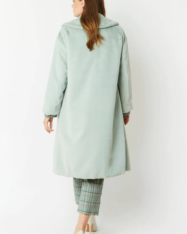 Light Green Faux Fur Midi Shaved Shearling Coat