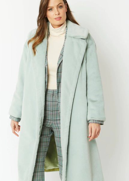 Light Green Faux Fur Midi Shaved Shearling Coat