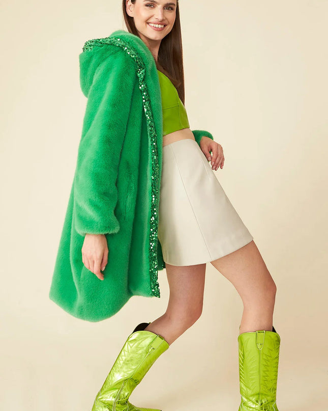 Luxurious Green Faux Fur Sequin Trim Maxi Hooded Coat UK 8-14, US 4-10