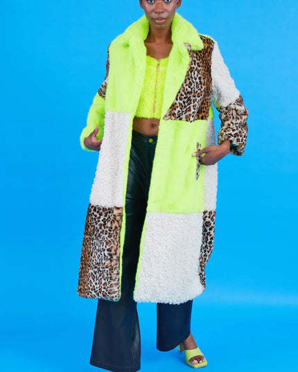 Green Faux Fur Maxi Coat in Leopard Print with Shearling Design