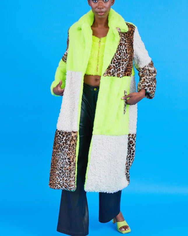 Green Faux Fur Maxi Coat in Leopard Print with Shearling Design