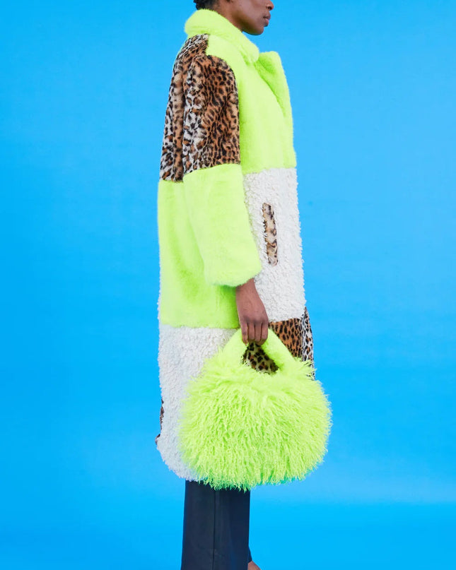 Green Faux Fur Maxi Coat in Leopard Print with Shearling Design
