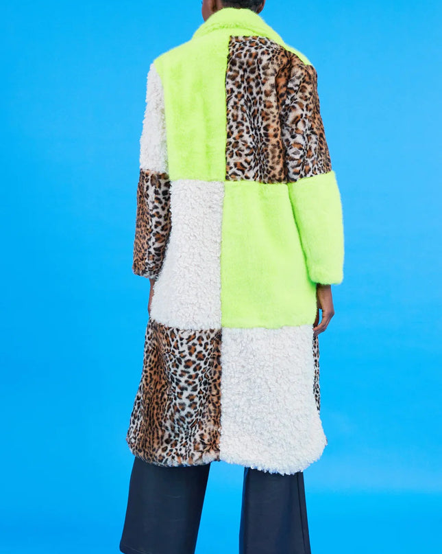 Green Faux Fur Maxi Coat in Leopard Print with Shearling Design