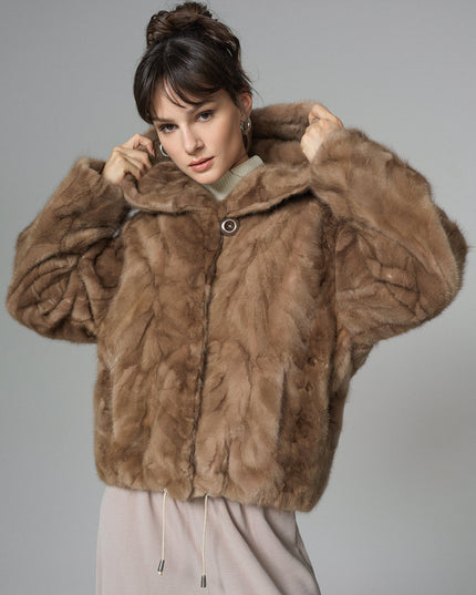 Taupe Hooded Nutria Mink Fur Coat