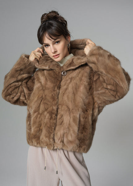 Taupe Hooded Nutria Mink Fur Coat