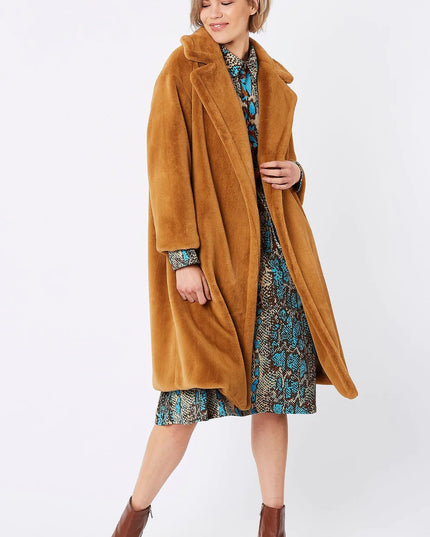 Mocha Shearling Faux Fur Midi Coat - Faux Fur Coat - Buy Me Fur Ltd