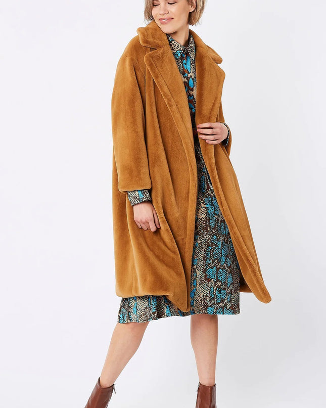 Mocha Shearling Faux Fur Midi Coat - Faux Fur Coat - Buy Me Fur Ltd