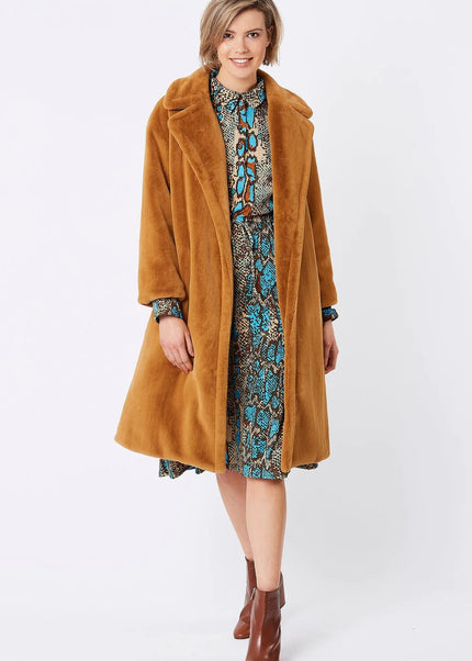 Mocha Shearling Faux Fur Midi Coat - Faux Fur Coat - Buy Me Fur Ltd