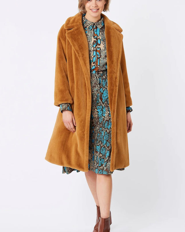 Mocha Shearling Faux Fur Midi Coat - Faux Fur Coat - Buy Me Fur Ltd