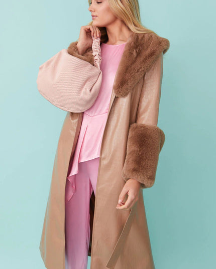 Mocha Faux Leather Jacket with Detachable Faux Fur Cuffs and Collar