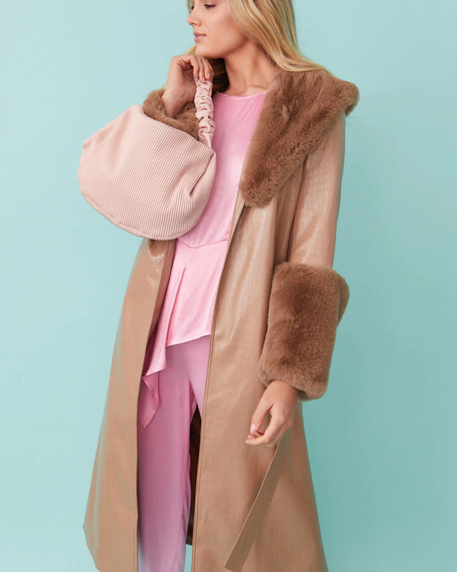 Mocha Faux Leather Jacket with Detachable Faux Fur Cuffs and Collar