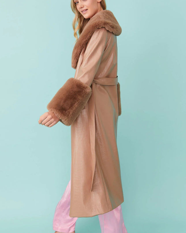 Mocha Faux Leather Jacket with Detachable Faux Fur Cuffs and Collar