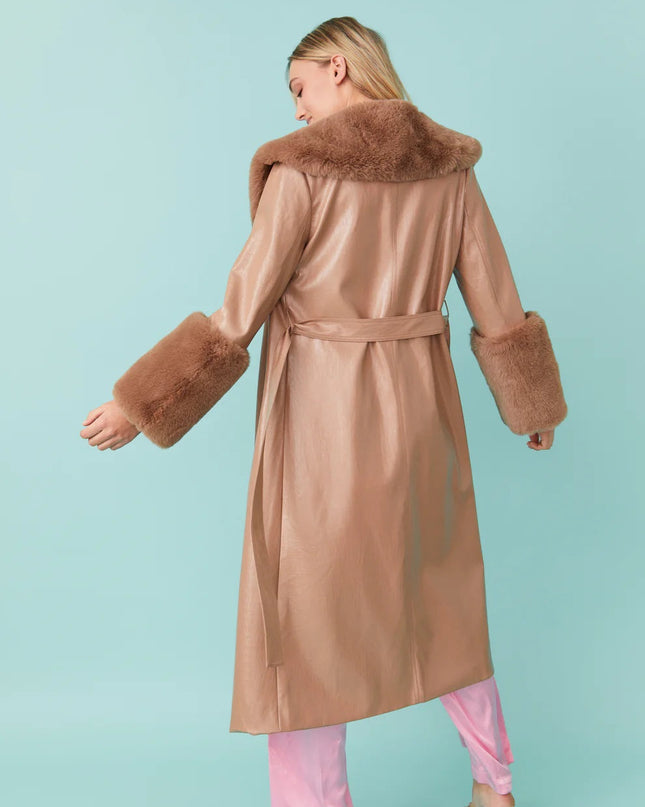 Mocha Faux Leather Jacket with Detachable Faux Fur Cuffs and Collar