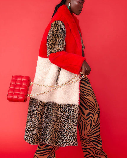 Red Faux Fur & Shearling Women's Maxi Coat Cozy Leopard Print Lining