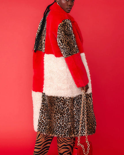 Red Faux Fur & Shearling Women's Maxi Coat Cozy Leopard Print Lining