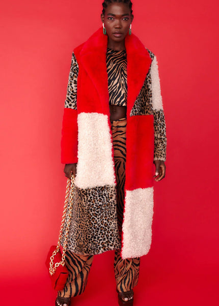 Red Faux Fur & Shearling Women's Maxi Coat Cozy Leopard Print Lining
