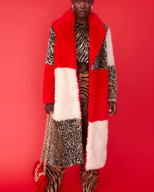 Red Faux Fur & Shearling Women's Maxi Coat Cozy Leopard Print Lining