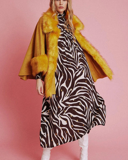Yellow Faux Fur Suede Cape Jacket