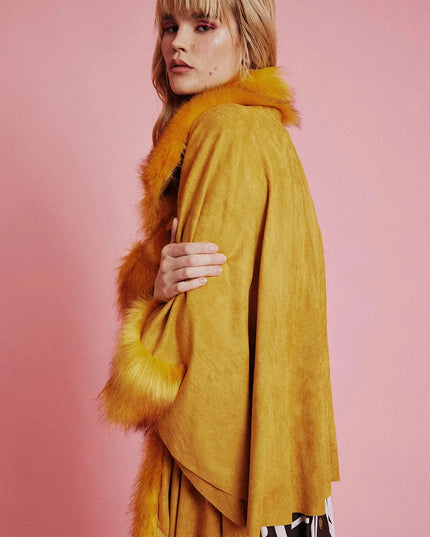 Yellow Faux Fur Suede Cape Jacket