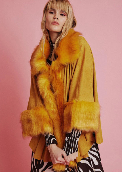 Yellow Faux Fur Suede Cape Jacket