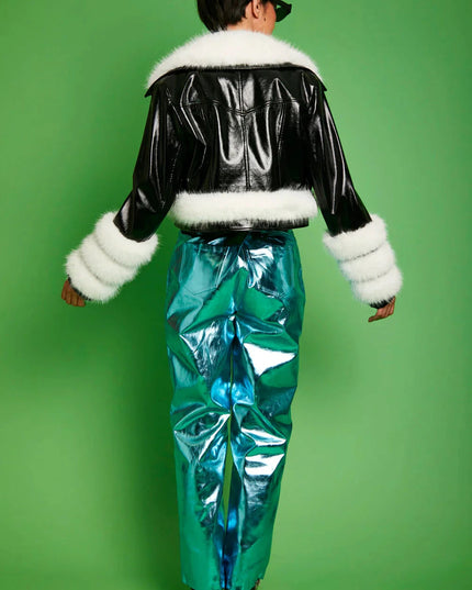 Black White Faux Leather Faux Fur Biker Jacket