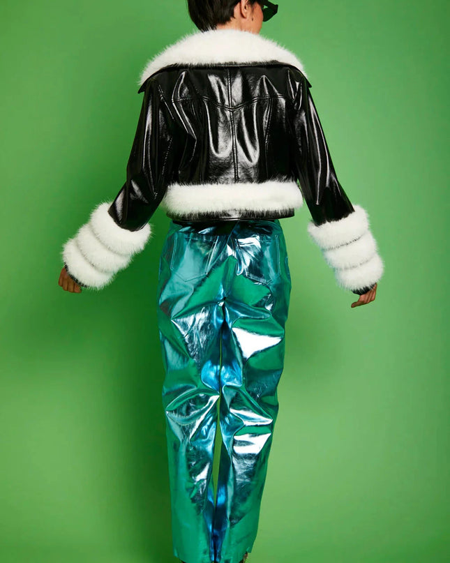 Black White Faux Leather Faux Fur Biker Jacket