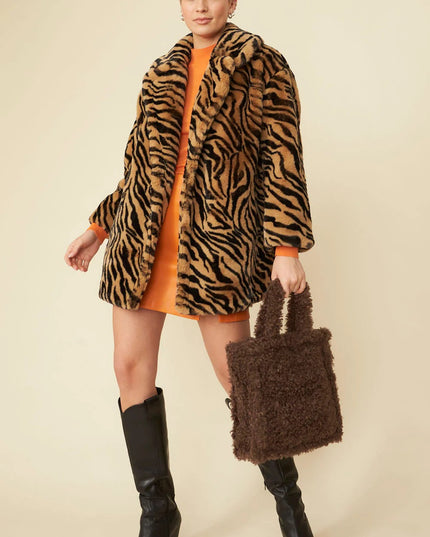Tiger Print Mocha Faux Fur Midi Coat