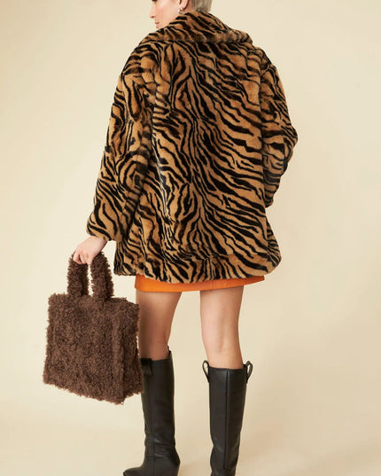 Tiger Print Mocha Faux Fur Midi Coat