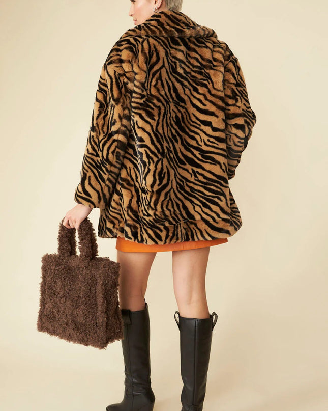Tiger Print Mocha Faux Fur Midi Coat