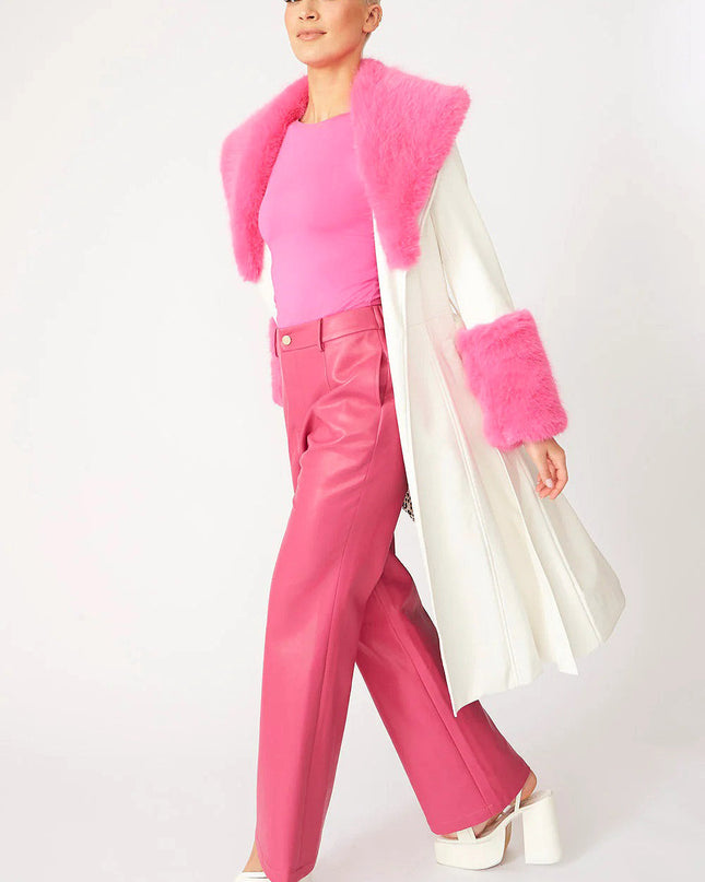 White Pink Faux Leather Winter Trench Coat with Faux Fur Collar Cuffs